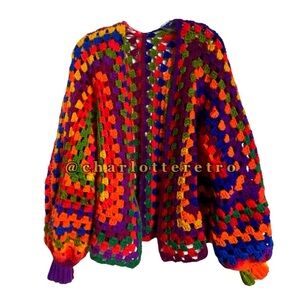 vtg Neon Granny Square Open Crochet Knit Cardigan